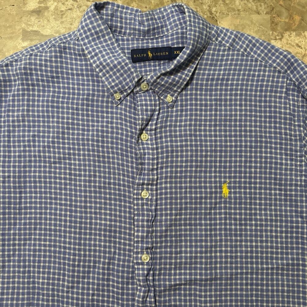 Polo Ralph Lauren Shirt Mens 2XL Blue Short Sleeve 100% Linen Button Beach